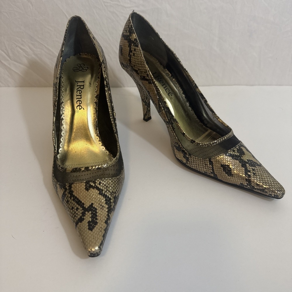 J. Renee Snakeskin Print Heels Gold Black Point Toe Women's Size 11 Glam Rock